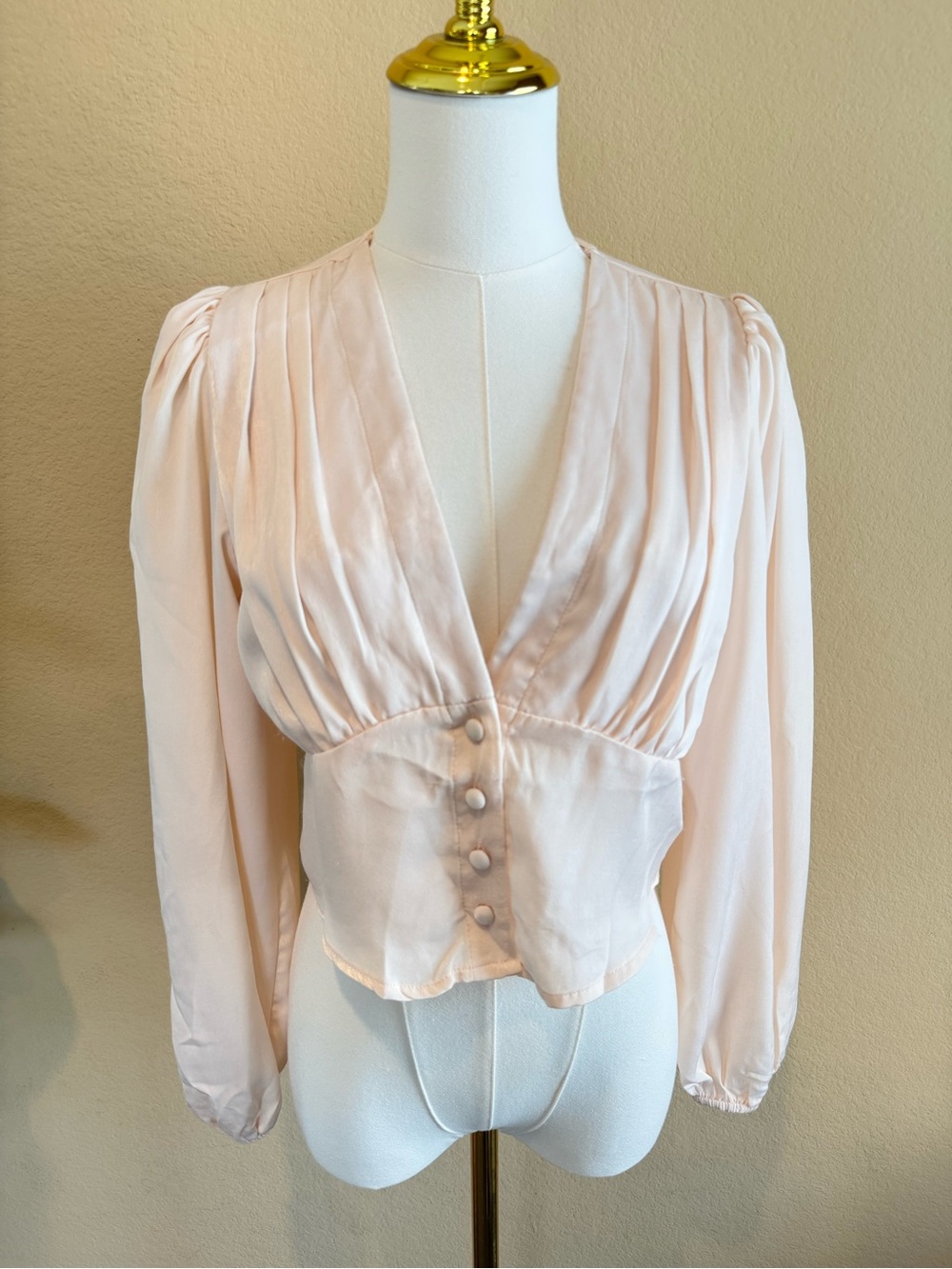 Bella Donna Blush Pink Deep V Button Puff Long Sleeve Blouse Top Size Small